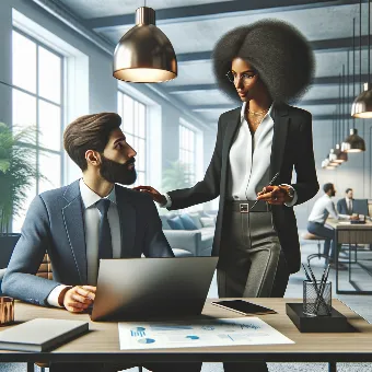 Photorealistic image of a professional coach consulting with a client in a modern office, bright, collaborative atmosphere