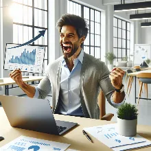 Photorealistic image of a coach celebrating online growth on a laptop, bright modern office, natural lighting