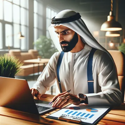 Photorealistic coach analyzing SEO audit report on a laptop in a modern office