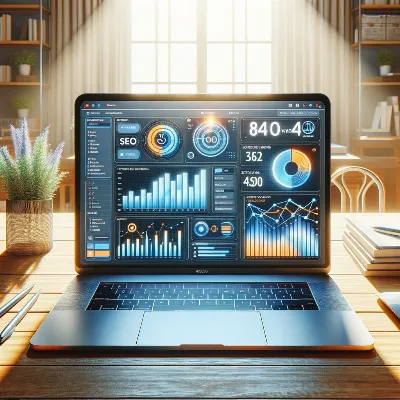 Photorealistic laptop displaying SEO analytics dashboard for coaching website