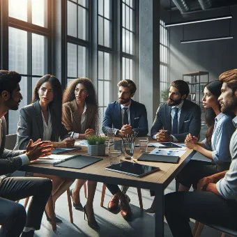 Photorealistic group of coaching professionals discussing SEO strategies around a table, modern office, natural light, 8K