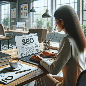 Ultra high-quality photorealistic workspace with coach writing SEO content on a laptop, cup of coffee, bright office, 8K